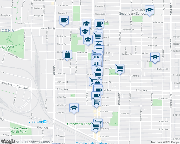 map of restaurants, bars, coffee shops, grocery stores, and more near 1391 Commercial Drive in Vancouver