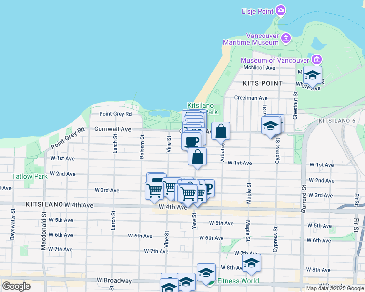 map of restaurants, bars, coffee shops, grocery stores, and more near in Vancouver