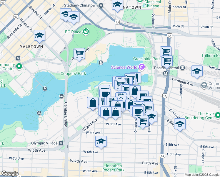 map of restaurants, bars, coffee shops, grocery stores, and more near 102 Athletes Way in Vancouver