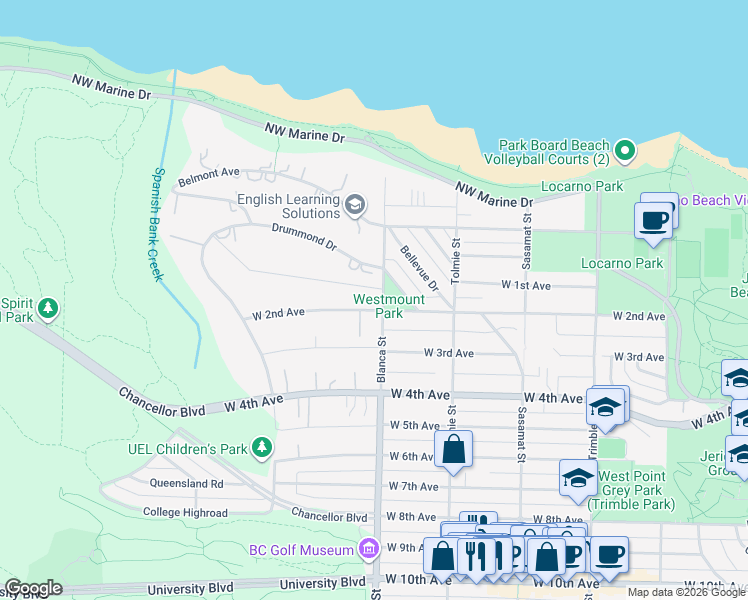map of restaurants, bars, coffee shops, grocery stores, and more near 1775 Blanca Street in Vancouver