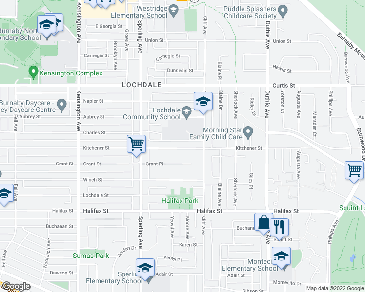 map of restaurants, bars, coffee shops, grocery stores, and more near 6921 Kitchener Street in Burnaby