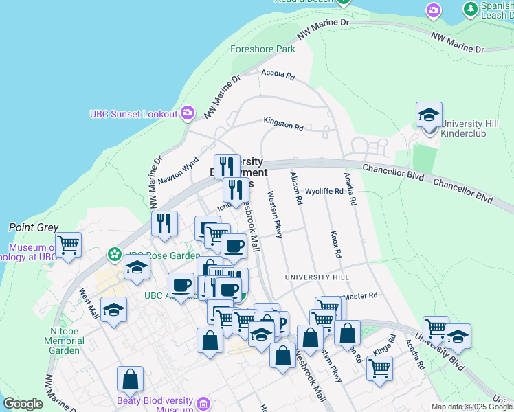 map of restaurants, bars, coffee shops, grocery stores, and more near 1722 Wesbrook Crescent in Vancouver