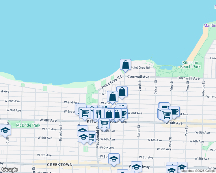 map of restaurants, bars, coffee shops, grocery stores, and more near in Vancouver