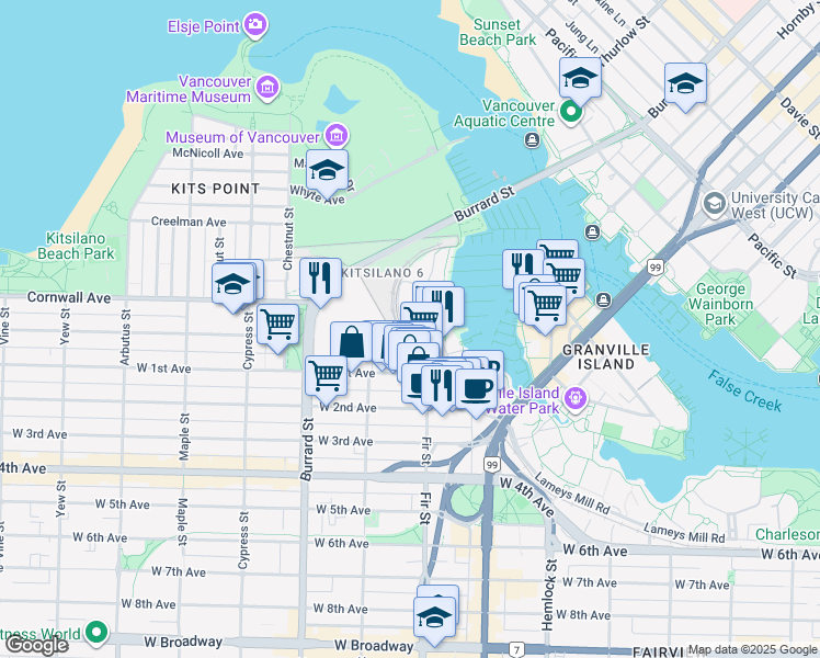 map of restaurants, bars, coffee shops, grocery stores, and more near 1470 Pennyfarthing Drive in Vancouver