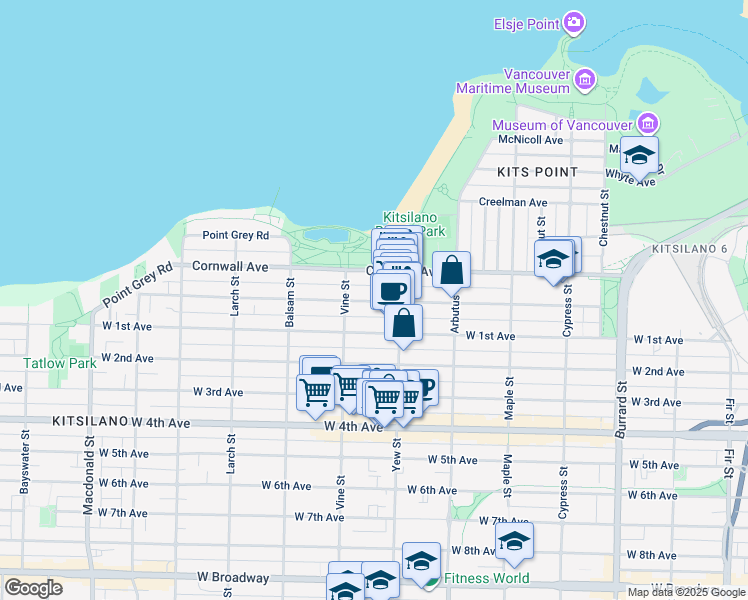 map of restaurants, bars, coffee shops, grocery stores, and more near 2255 York Avenue in Vancouver