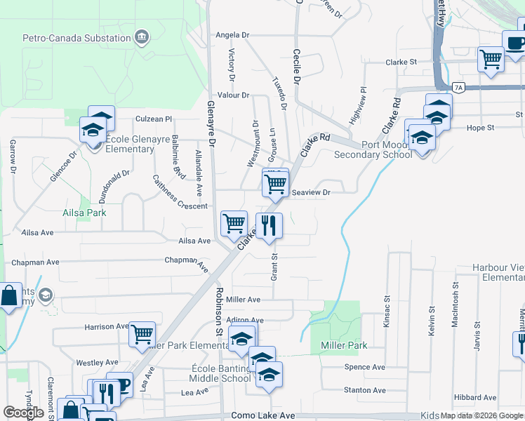 map of restaurants, bars, coffee shops, grocery stores, and more near 911 Clarke Road in Port Moody