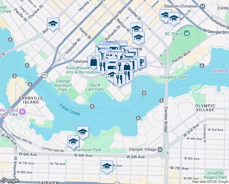 map of restaurants, bars, coffee shops, grocery stores, and more near 1383 Marinaside Crescent in Vancouver
