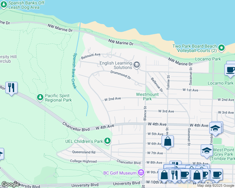 map of restaurants, bars, coffee shops, grocery stores, and more near 4763 West 2nd Avenue in Vancouver