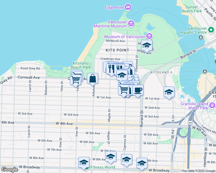 map of restaurants, bars, coffee shops, grocery stores, and more near in Vancouver