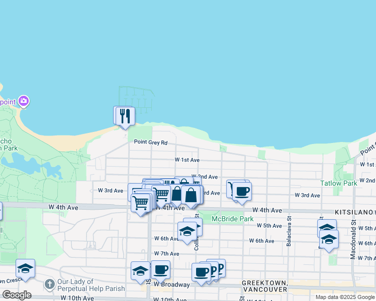 map of restaurants, bars, coffee shops, grocery stores, and more near in Vancouver