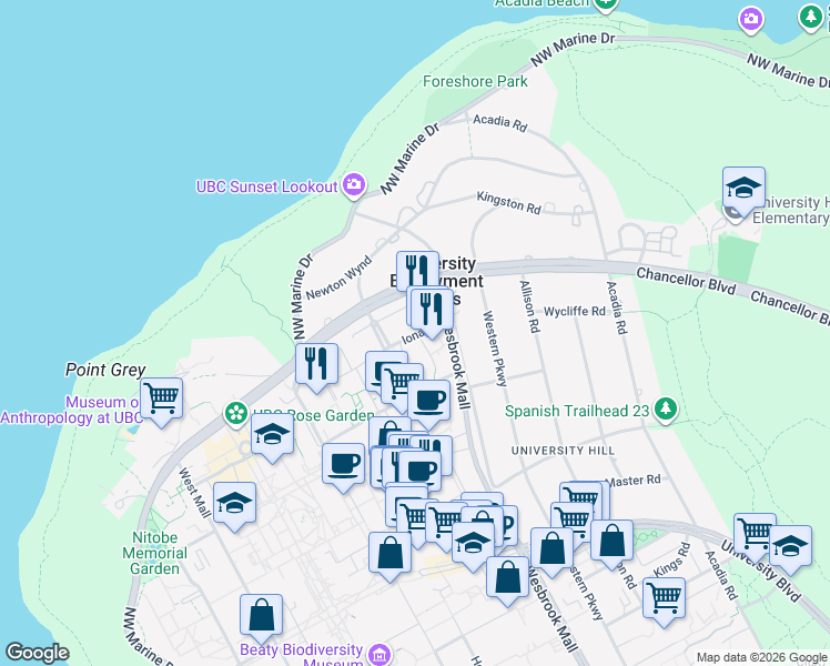 map of restaurants, bars, coffee shops, grocery stores, and more near in Vancouver