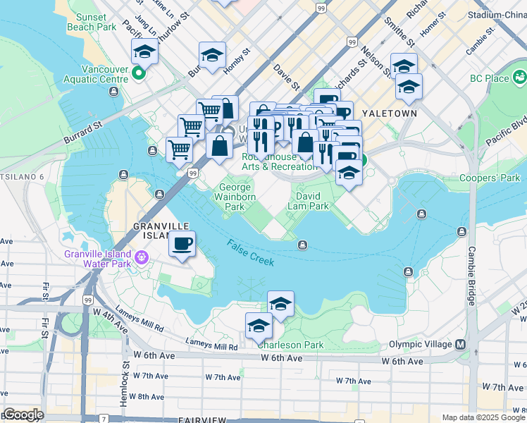 map of restaurants, bars, coffee shops, grocery stores, and more near 426 Beach Crescent in Vancouver