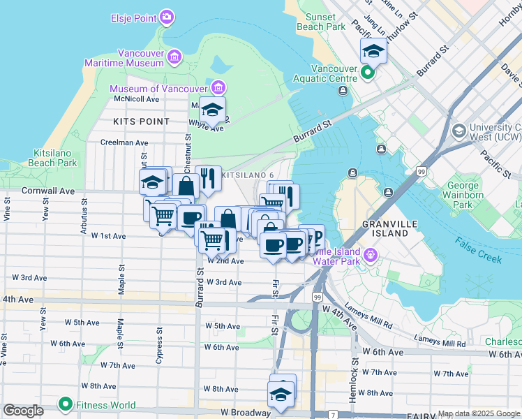 map of restaurants, bars, coffee shops, grocery stores, and more near 1450 Pennyfarthing Drive in Vancouver