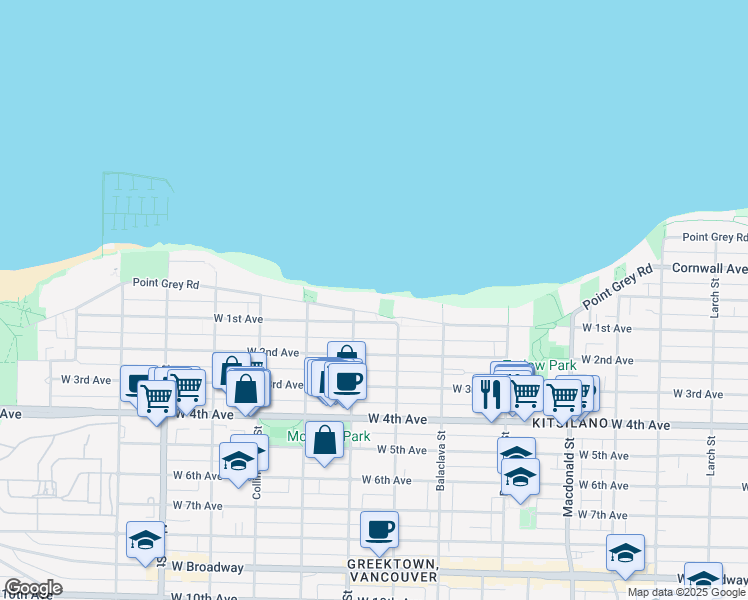 map of restaurants, bars, coffee shops, grocery stores, and more near 3243 Point Grey Road in Vancouver