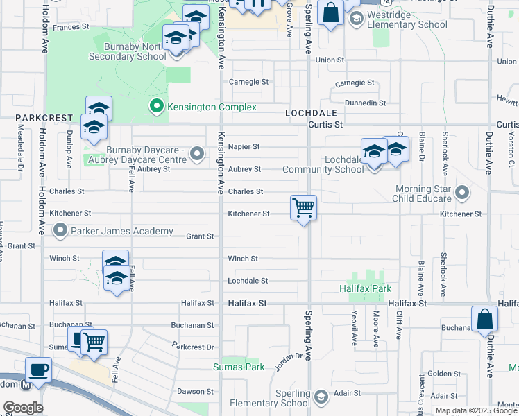 map of restaurants, bars, coffee shops, grocery stores, and more near 6589 Kitchener Street in Burnaby