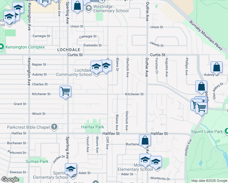 map of restaurants, bars, coffee shops, grocery stores, and more near 7017 Kitchener Street in Burnaby