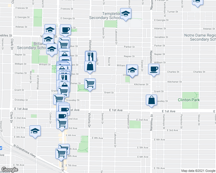 map of restaurants, bars, coffee shops, grocery stores, and more near 2030 Kitchener Street in Vancouver