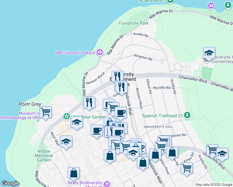 map of restaurants, bars, coffee shops, grocery stores, and more near 5955 Iona Drive in University Endowment Lands