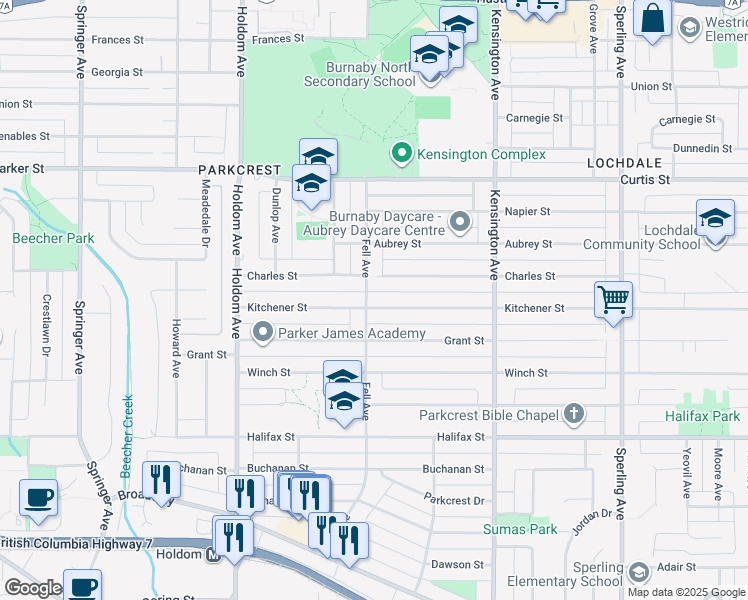 map of restaurants, bars, coffee shops, grocery stores, and more near 6111 Kitchener Street in Burnaby