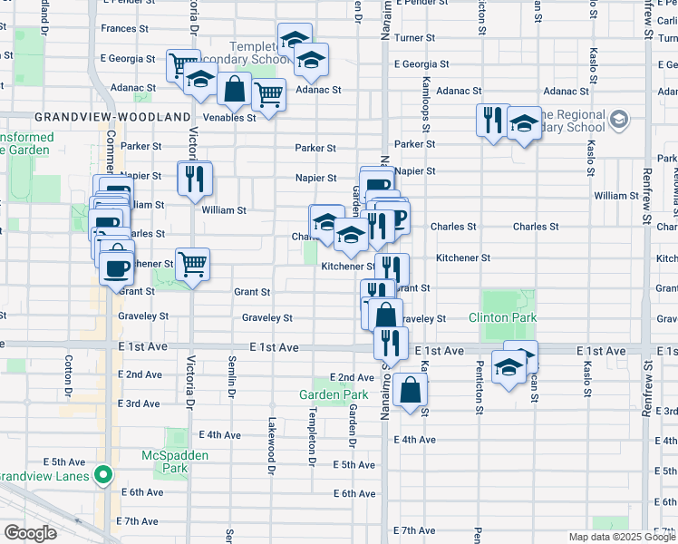 map of restaurants, bars, coffee shops, grocery stores, and more near 2258 Kitchener Street in Vancouver