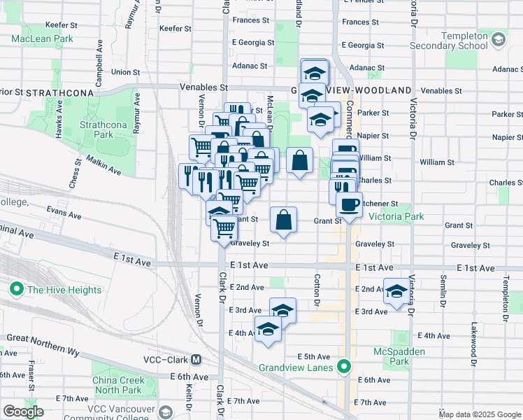 map of restaurants, bars, coffee shops, grocery stores, and more near in Vancouver