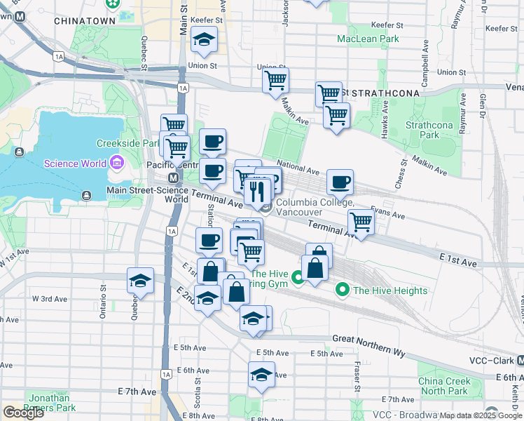 map of restaurants, bars, coffee shops, grocery stores, and more near 428 Terminal Avenue in Vancouver