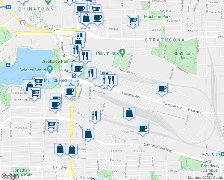 map of restaurants, bars, coffee shops, grocery stores, and more near 428 Terminal Avenue in Vancouver
