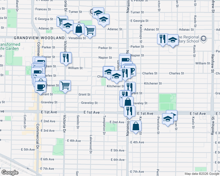map of restaurants, bars, coffee shops, grocery stores, and more near 2236 Kitchener Street in Vancouver