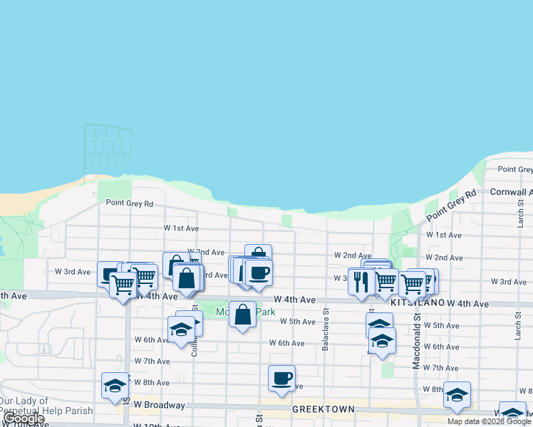 map of restaurants, bars, coffee shops, grocery stores, and more near 3281 Point Grey Road in Vancouver