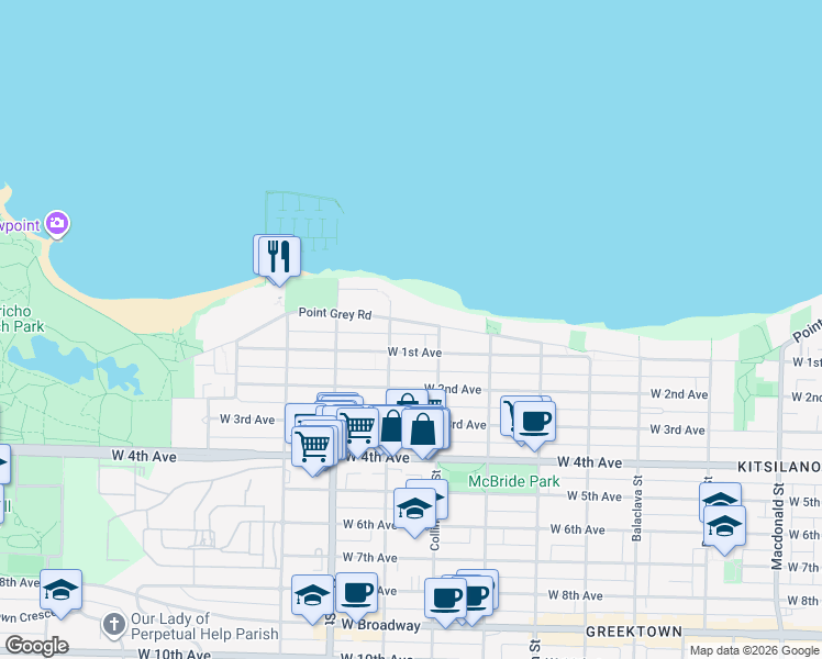 map of restaurants, bars, coffee shops, grocery stores, and more near 3546 Point Grey Road in Vancouver