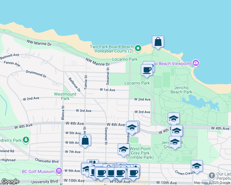 map of restaurants, bars, coffee shops, grocery stores, and more near in Vancouver