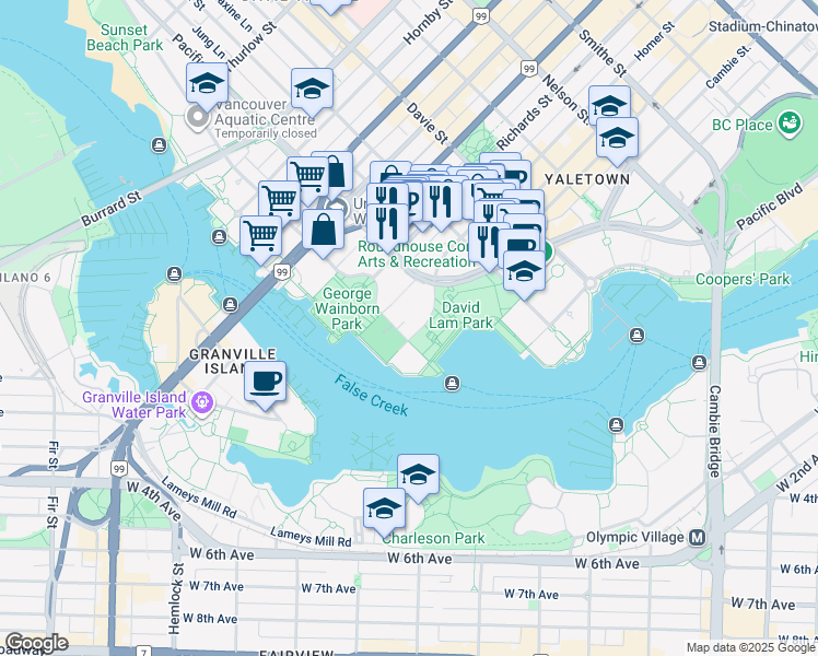map of restaurants, bars, coffee shops, grocery stores, and more near 403 Beach Crescent in Vancouver
