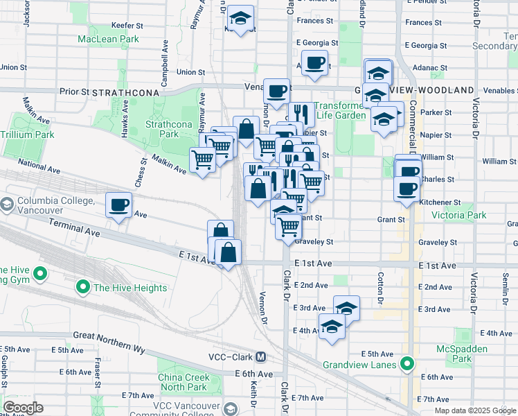 map of restaurants, bars, coffee shops, grocery stores, and more near in Vancouver