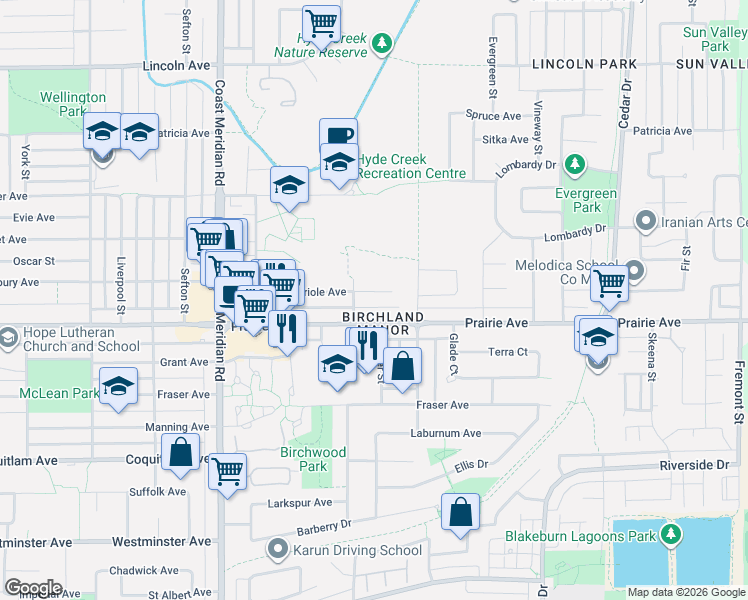 map of restaurants, bars, coffee shops, grocery stores, and more near 1278 Oriole Place in Port Coquitlam
