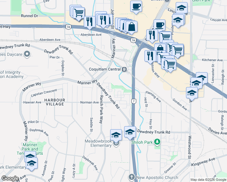 map of restaurants, bars, coffee shops, grocery stores, and more near 2880 Dacre Avenue in Coquitlam