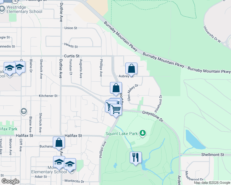map of restaurants, bars, coffee shops, grocery stores, and more near 1362 Phillips Avenue in Burnaby