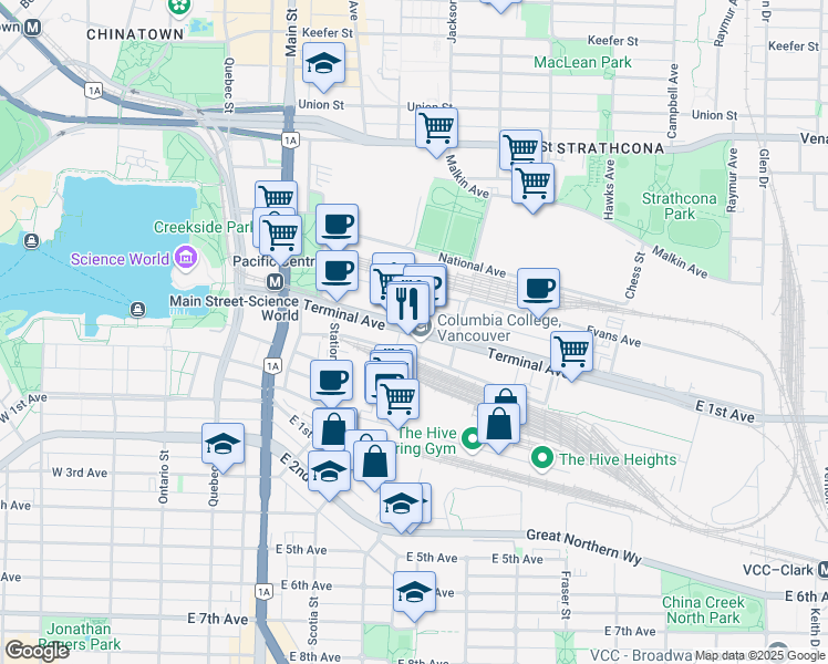 map of restaurants, bars, coffee shops, grocery stores, and more near in Vancouver