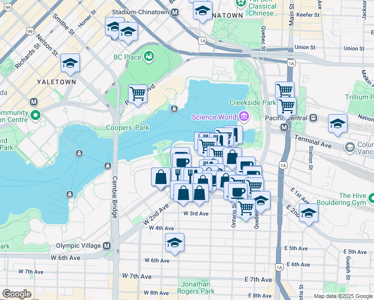map of restaurants, bars, coffee shops, grocery stores, and more near in Vancouver