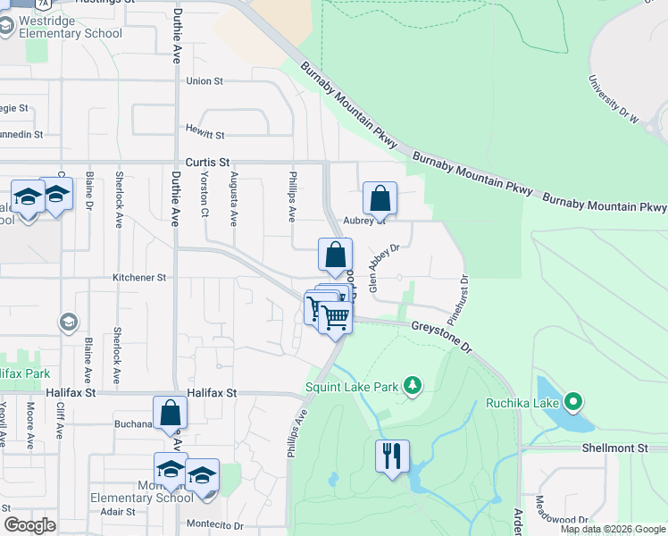 map of restaurants, bars, coffee shops, grocery stores, and more near 1350 Phillips Avenue in Burnaby