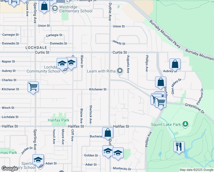 map of restaurants, bars, coffee shops, grocery stores, and more near 1371 Duthie Avenue in Burnaby
