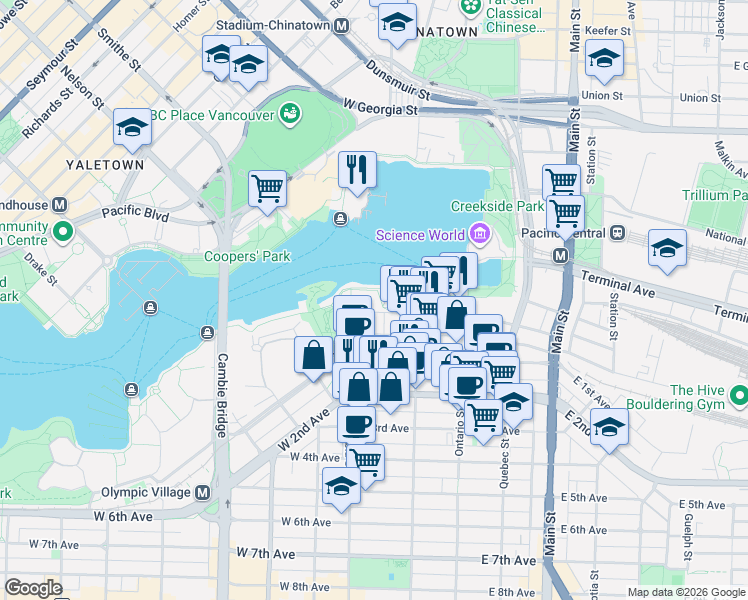 map of restaurants, bars, coffee shops, grocery stores, and more near 151 Athletes Way in Vancouver