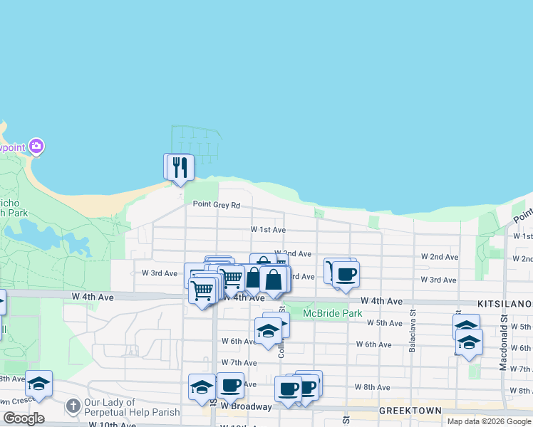 map of restaurants, bars, coffee shops, grocery stores, and more near in Vancouver