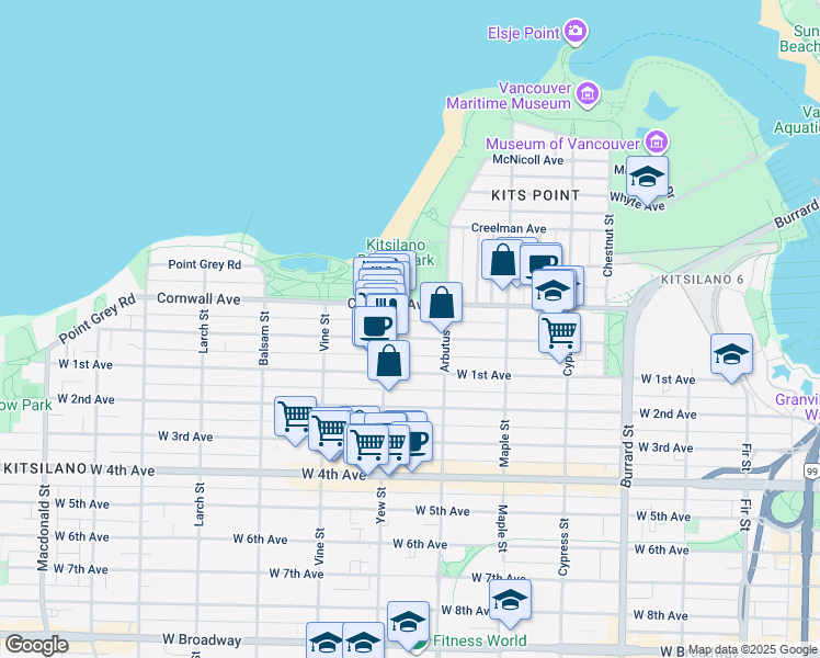 map of restaurants, bars, coffee shops, grocery stores, and more near 2145 York Avenue in Vancouver