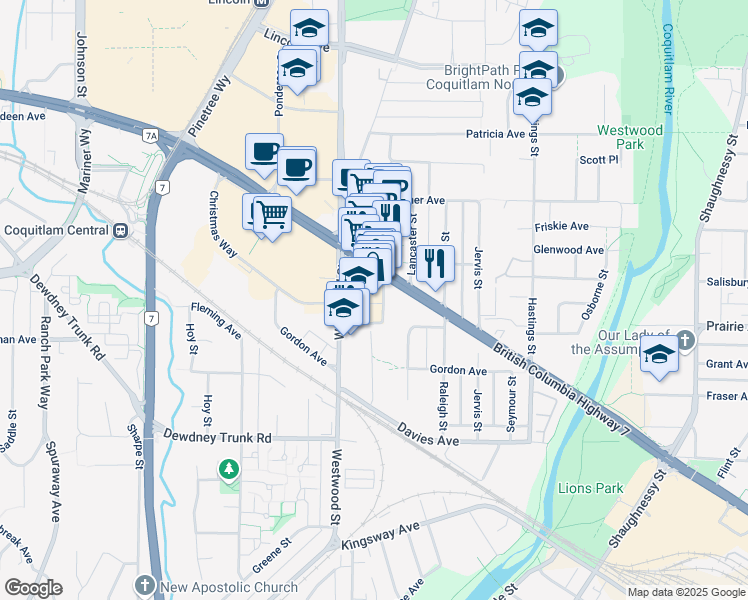 map of restaurants, bars, coffee shops, grocery stores, and more near 2748 Lougheed Highway in Port Coquitlam