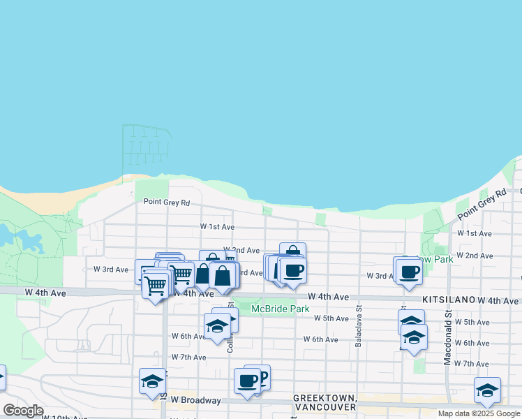 map of restaurants, bars, coffee shops, grocery stores, and more near 3405 Point Grey Road in Vancouver