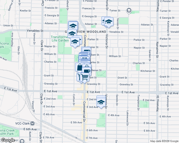 map of restaurants, bars, coffee shops, grocery stores, and more near 1732 Kitchener Street in Vancouver