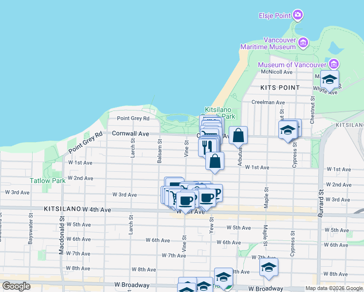 map of restaurants, bars, coffee shops, grocery stores, and more near 1535 Vine Street in Vancouver
