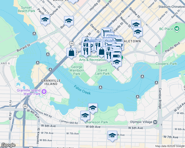 map of restaurants, bars, coffee shops, grocery stores, and more near 1485 Homer Street in Vancouver