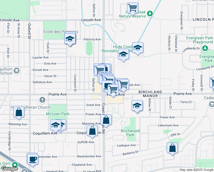 map of restaurants, bars, coffee shops, grocery stores, and more near 3260 Coast Meridian Road in Port Coquitlam