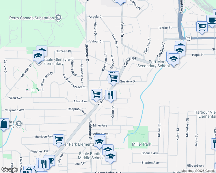 map of restaurants, bars, coffee shops, grocery stores, and more near 909 Clarke Road in Port Moody